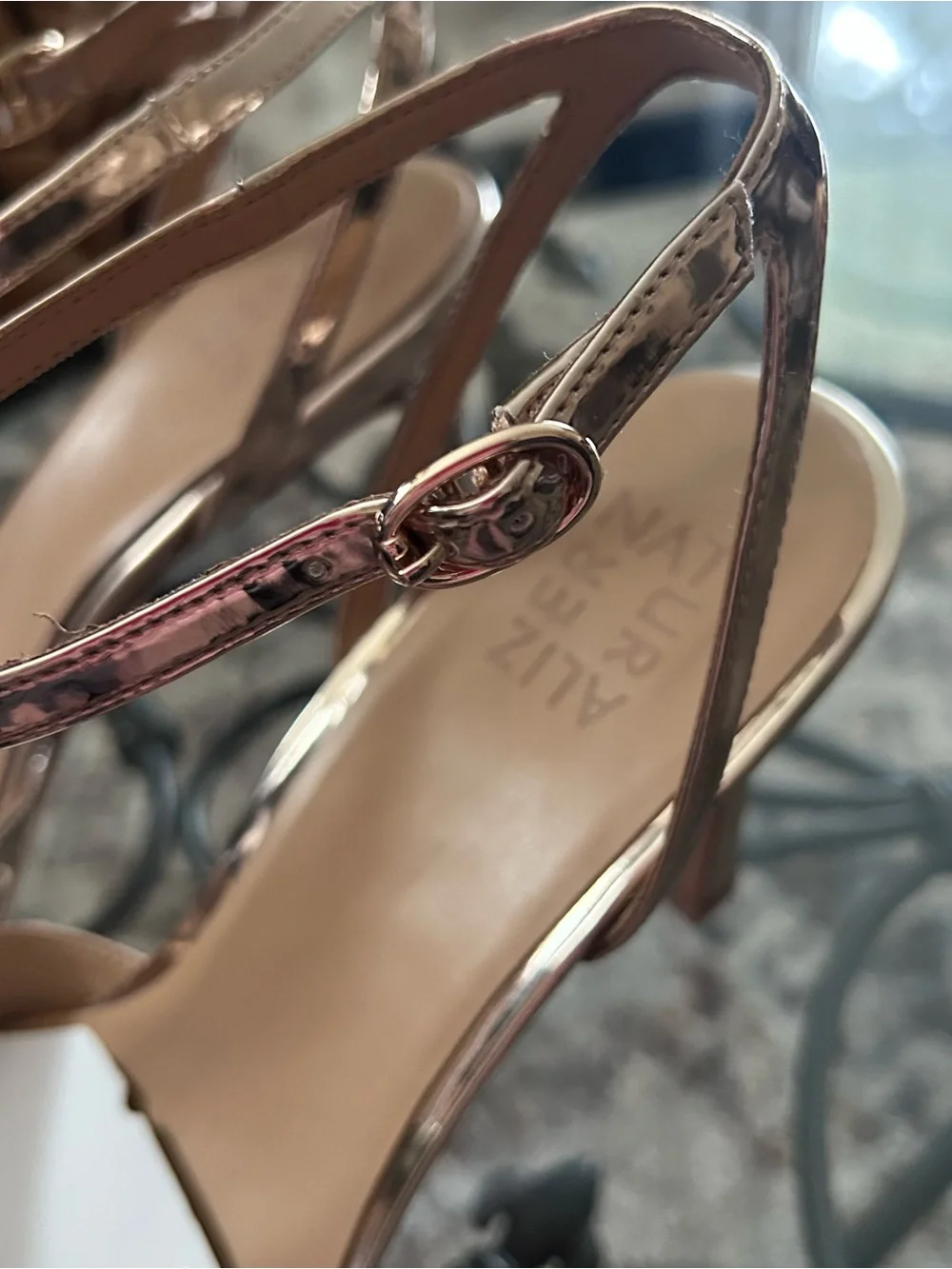 Naturalizer Astrid T-Strap Dress Pump in a Metallic Rose Gold